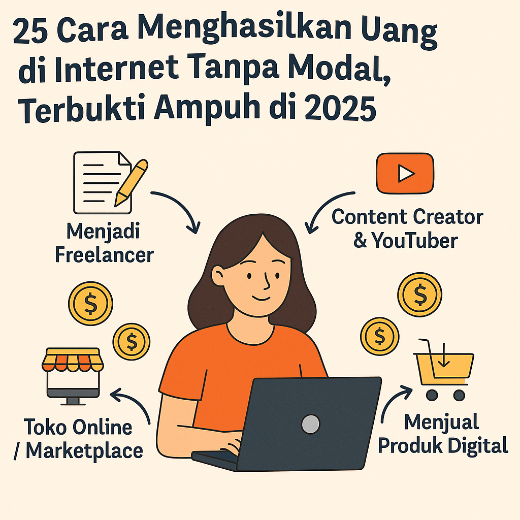 Ilustrasi flat wanita bekerja dari rumah menggunakan laptop, menggambarkan empat cara menghasilkan uang di internet: freelancing, YouTube, jualan online, dan produk digital.