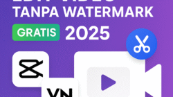 Desain thumbnail aplikasi edit video tanpa watermark 2025 dengan logo CapCut, VN, InShot, dan ikon kamera video.