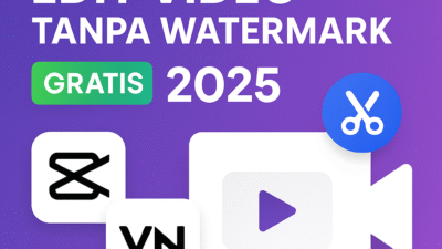 Desain thumbnail aplikasi edit video tanpa watermark 2025 dengan logo CapCut, VN, InShot, dan ikon kamera video.