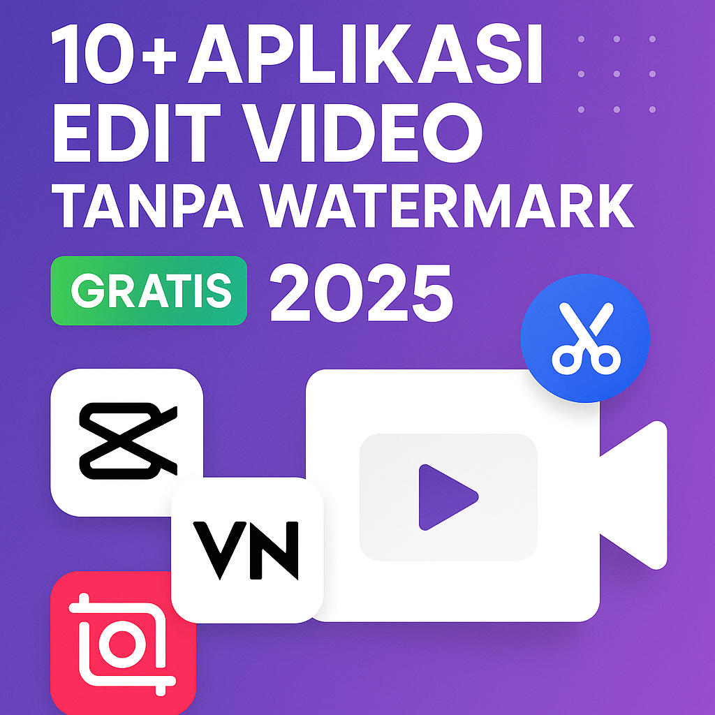 Desain thumbnail aplikasi edit video tanpa watermark 2025 dengan logo CapCut, VN, InShot, dan ikon kamera video.