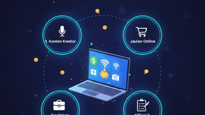 Infografis Panduan Cuan Internet: Konten Kreator, Jualan Online, Freelance Digital, Afiliasi & Survei. Laptop di tengah dikelilingi ikon peluang.