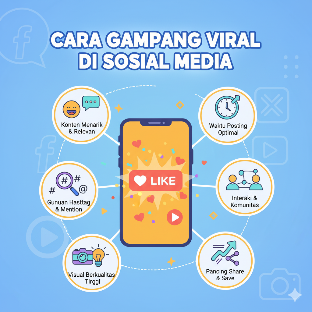 Infografis Cara Gampang Viral di Sosial Media: Konten Menarik, Waktu Posting Optimal, Hashtag, Interaksi Komunitas, Visual Berkualitas, Pancing Share.