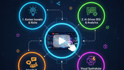 Infografis Cara Membuat Konten Viral YouTube 2025: Konten Inovatif, AI-Driven SEO, Visual Spektakuler, Interaksi Komunitas.