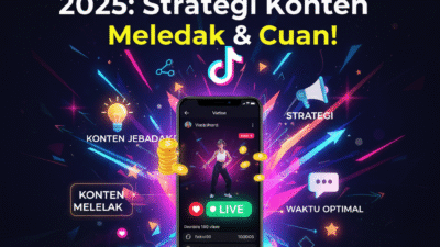 Banner Cara Viral di TikTok 2025: Strategi Konten Meledak & Cuan, dengan ilustrasi ponsel TikTok, koin, lampu ide, dan elemen viral.
