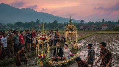 Pasangan pengantin di Jatim menaiki perahu hias di tengah sawah berlumpur saat senja, diarak oleh warga dengan pemandangan gunung.