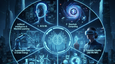 Grafik Infografis 7 Inovasi Kunci Tren Teknologi 2026: AI, Quantum Computing, XR, Bioholografi, Teknologi Hijau, Web3, & AI/ML.