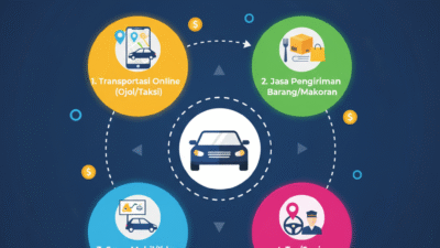 Infografis Cara Menghasilkan Uang dari Mobil: Transportasi Online, Jasa Pengiriman, Sewa Mobil/Iklan, Tur/Sopir Pribadi.